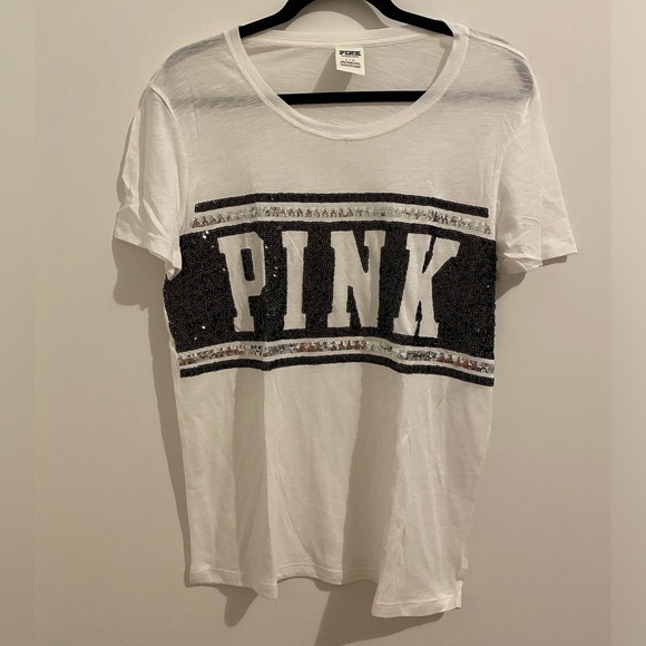 PINK Victoria's Secret Tops - Victoria’s Secret Pink Black & White Sequin Logo T-Shirt Size L New W/O Tag